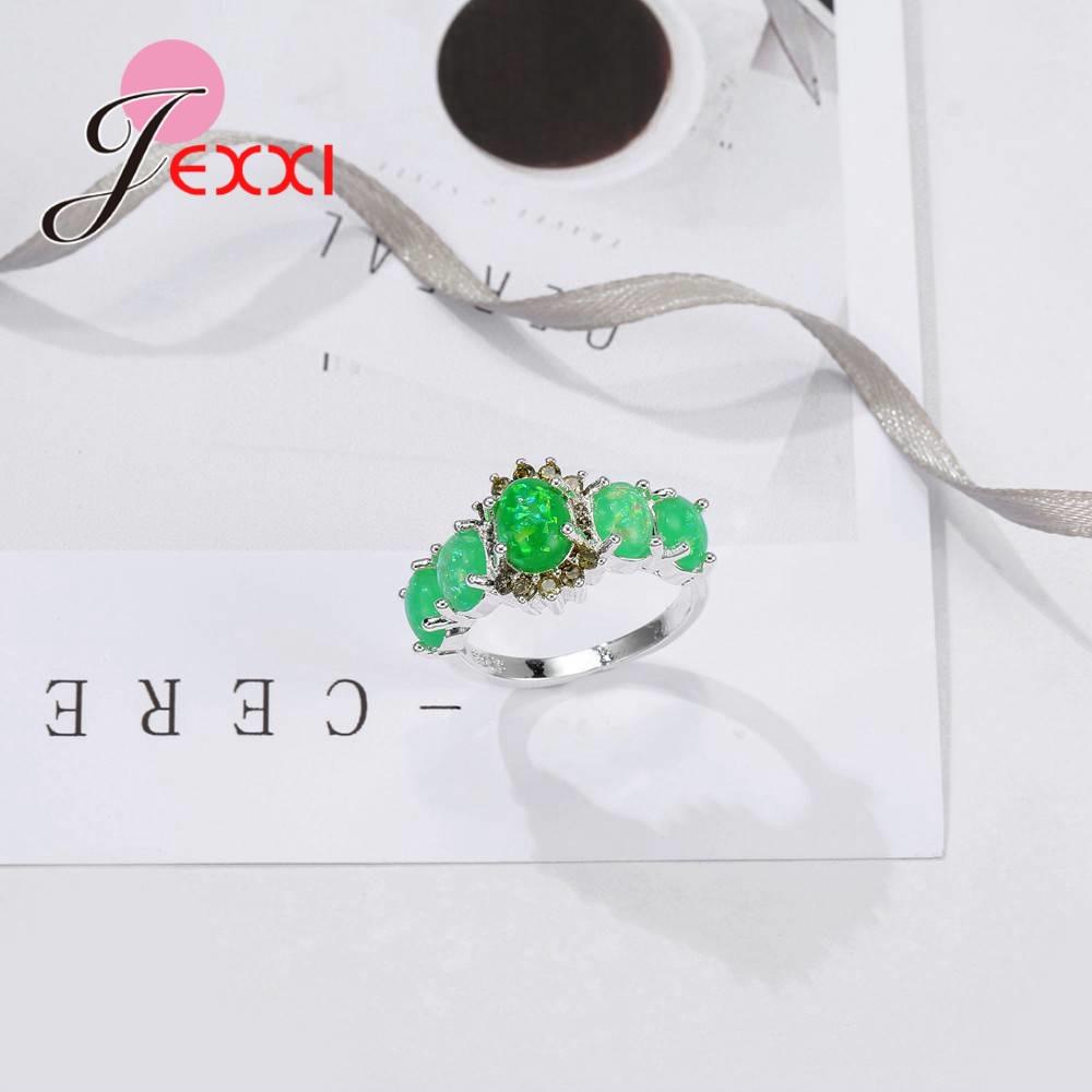 925 Sterling Silver Color Romantic Fashion Ring Micro Paved Green Opal Stones Crystals CZ for Women Valentine's Day Gift Jewelry