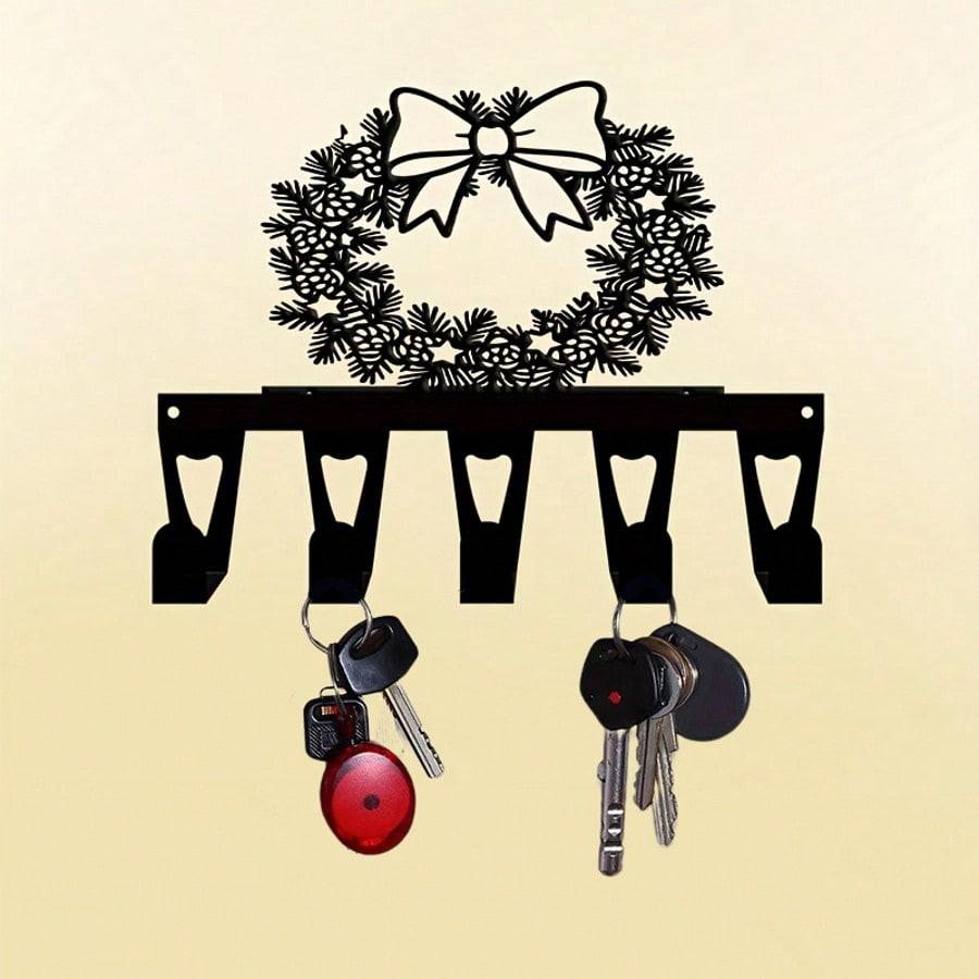 Decorative Key Holder Metal Wall Art 5 Hooks Forged Iron Entryway Decor