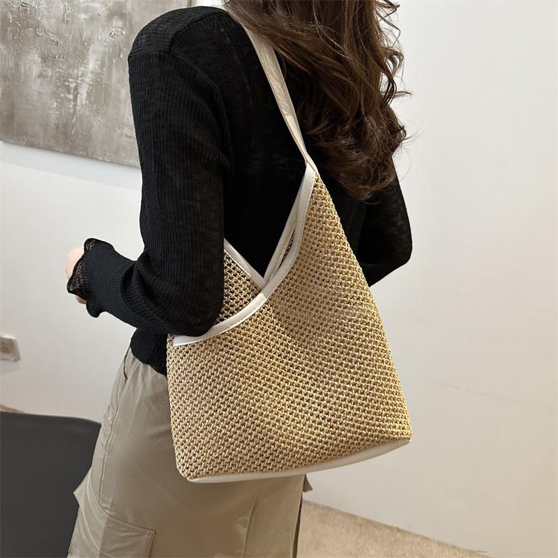 Vintage Woven Tote Bag Stylish Large Capacity Shoulder Bag For Women In Black White Brown And Khaki