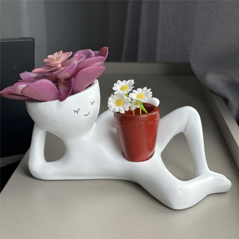 Künstlerischer Harz Sukkulentenhalter Desktop Dekoration Lustiger Pflanztopf für kleine Pflanzen mit einzigartigem Faulenzer-Figur Design