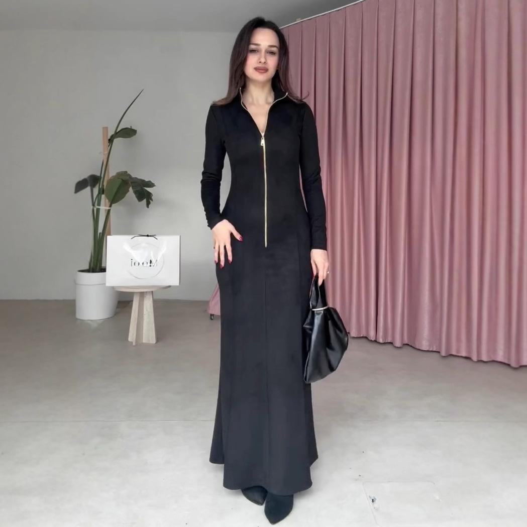 American Women s Fashion 2025 Autumn New Lapel-Zipper Long-Sleeve Jacket Elegant Slit Socialite Dress XS чёрный