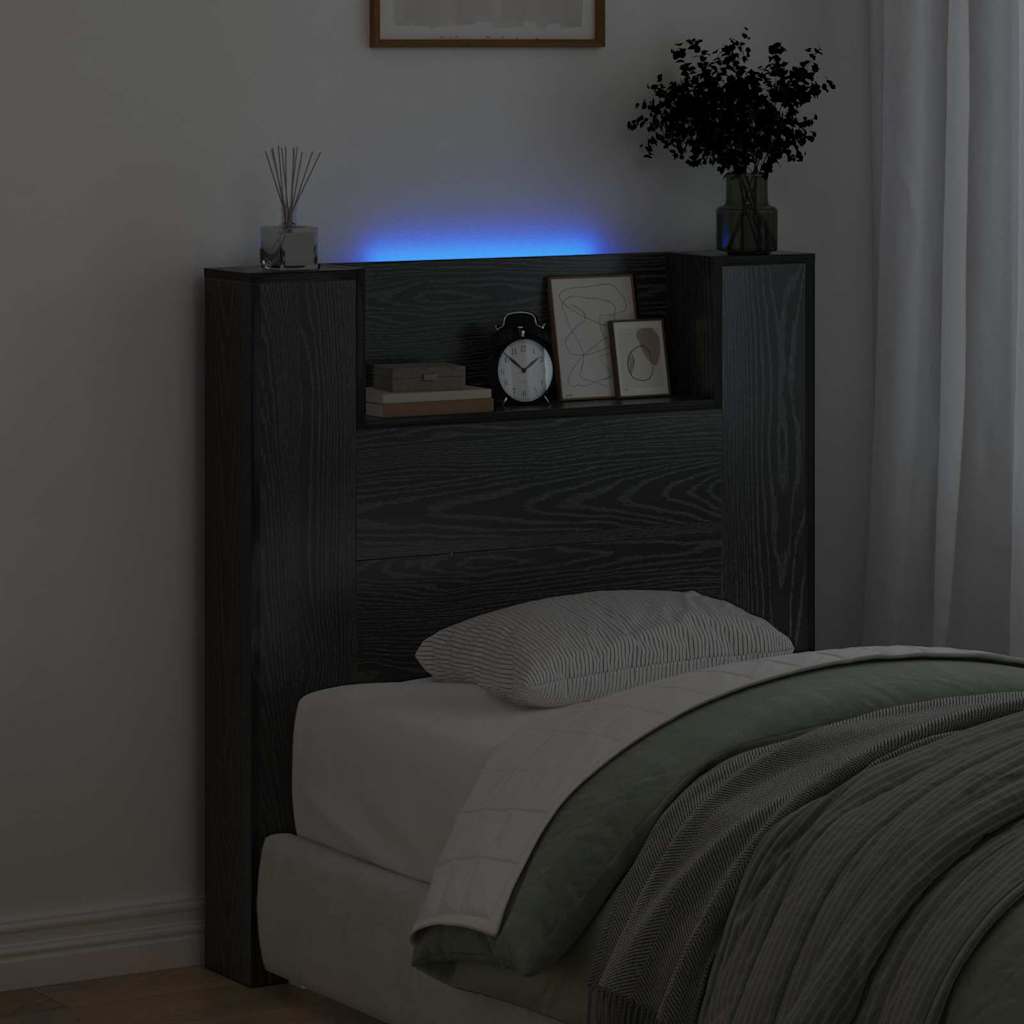Storage Headboard with LED Black Oak Wood Based Material