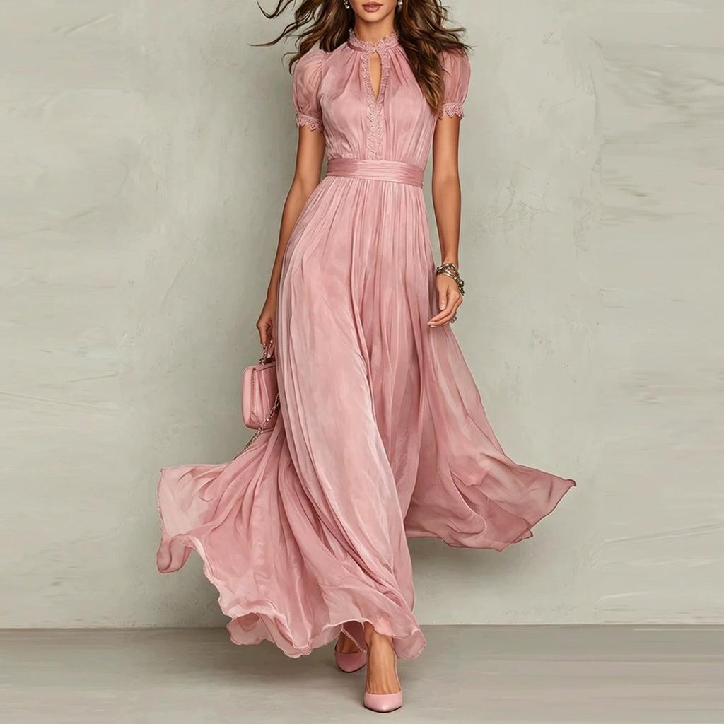 Vestido Largo de Gasa con Cuello Alto y Ribete de Encaje para Mujer, Mangas Cortas Abullonadas, Abertura Frontal, Cintura Plisada, Dobladillo Fluido, Elegante Vestido Largo