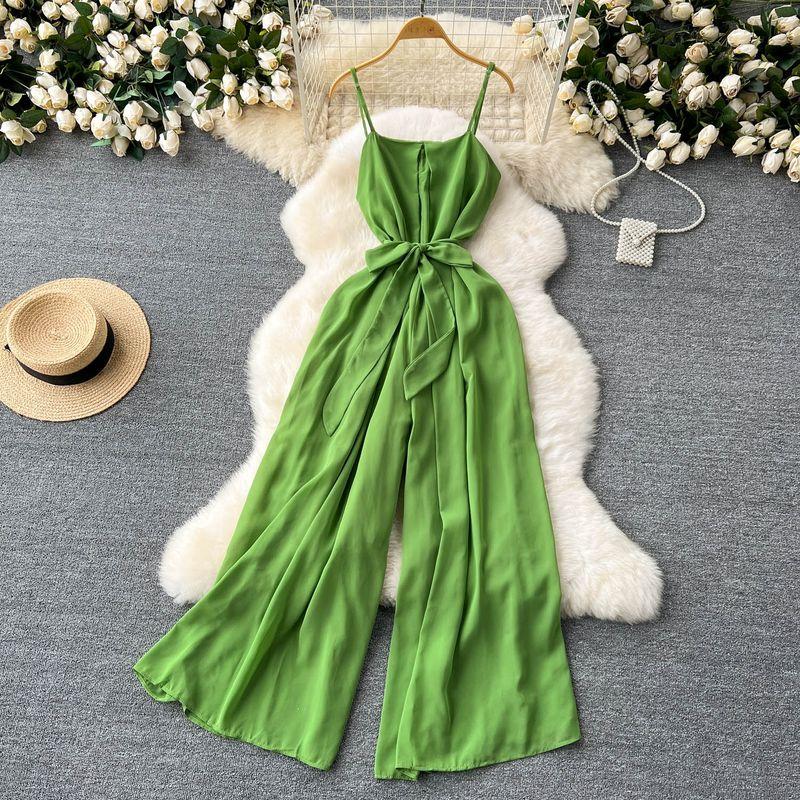 Holiday Wear Chic Summer New Design Sense Lace-up Waist-Controlled Youthful-Looking Loose Wide Leg Leisure Suspender Jumpsuit