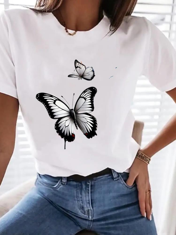 (Asian Size) Tee Top Butterfly Sweet 90s Trend Women Clothing T Shirt Woman Print Fashion  Female Short Sleeve Graphic T-shirts
