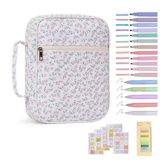 

Quilted Bible Case Women Floral Bible Cover Case with Handle Study Supplies Bag Portable Bible Carrying Case Includes Tabs And Highlighter Pens D