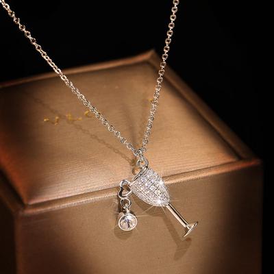 Eenvoudige 925 Sterling Zilver Witte Zirkoon Sleutelbeenkettinkje Hoge Kwaliteit Kristal Wijnglas Hanger Ketting Vrouwelijk Verlovingsfeest