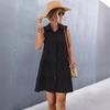 QICED Women's Lapel Patchwork Sleeveless Solid Color Dress