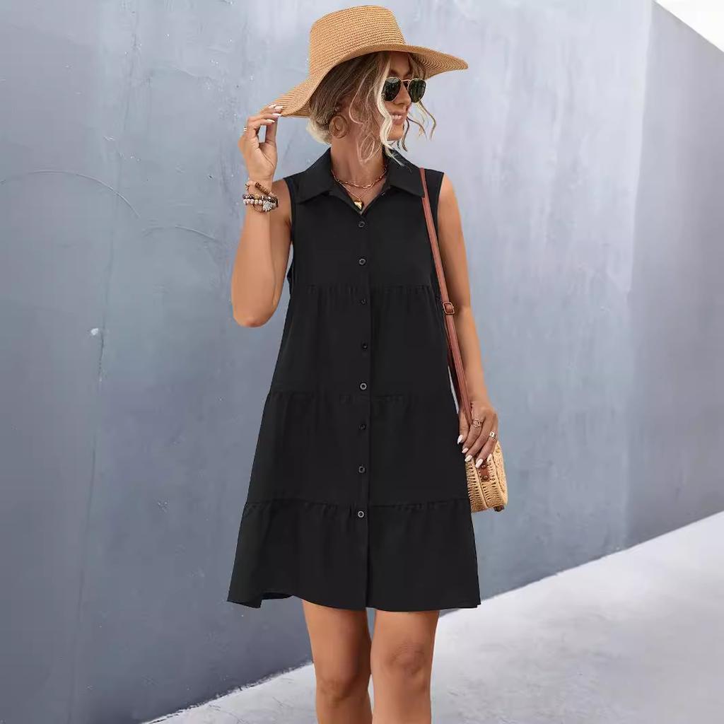 QICED Women's Lapel Patchwork Sleeveless Solid Color Dress