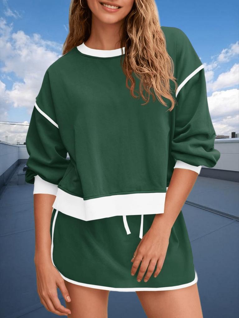 Women's Two Piece Oversized Crop Sweatshirt and High Waist Skirt Set Tennis Running Sport Outfit