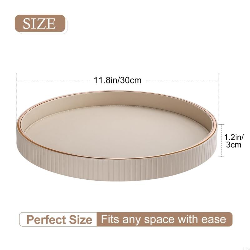 Elegant Round Leather Jewelry Display Tray For Home Decor With Gold Trim And Raised Edges Preventing Item Slips