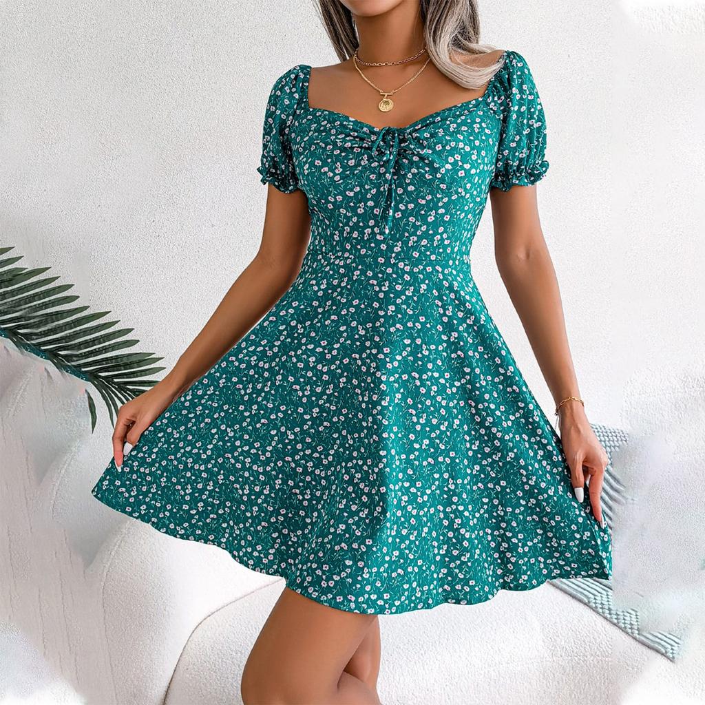 Women's Spring And Summer Casual Flare Sleeve Drawstring Lace-up Floral Dress