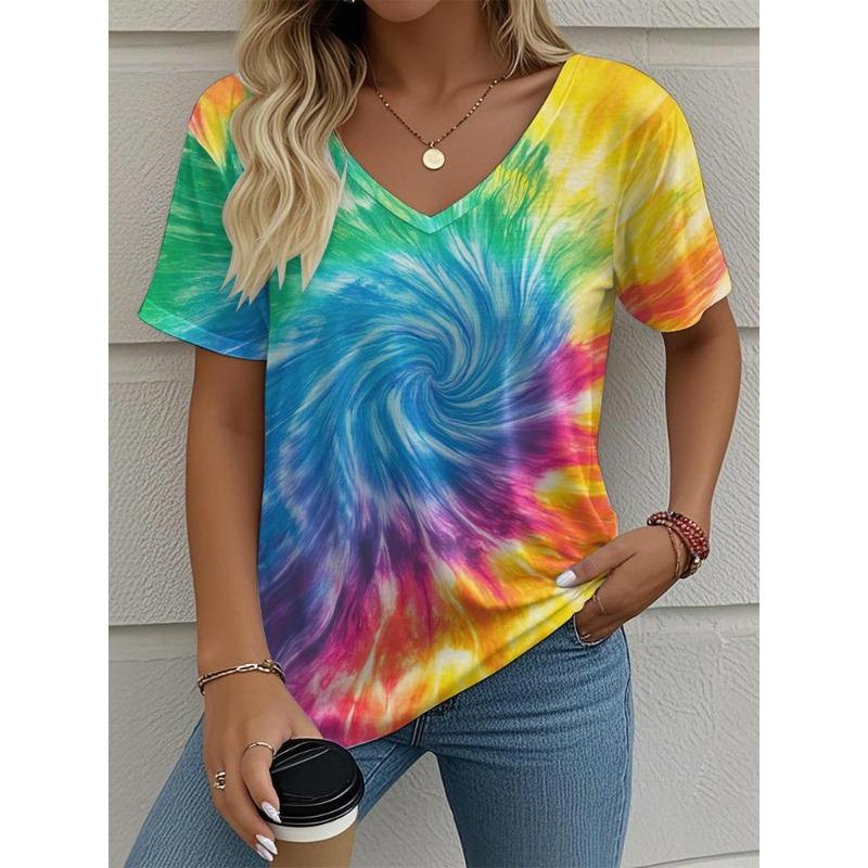 Women's T-Shirt Tie-Dye Gradient Printing Fashion Casual V-Neck Short-Sleeved Outdoor Street Summer Women's Clothing