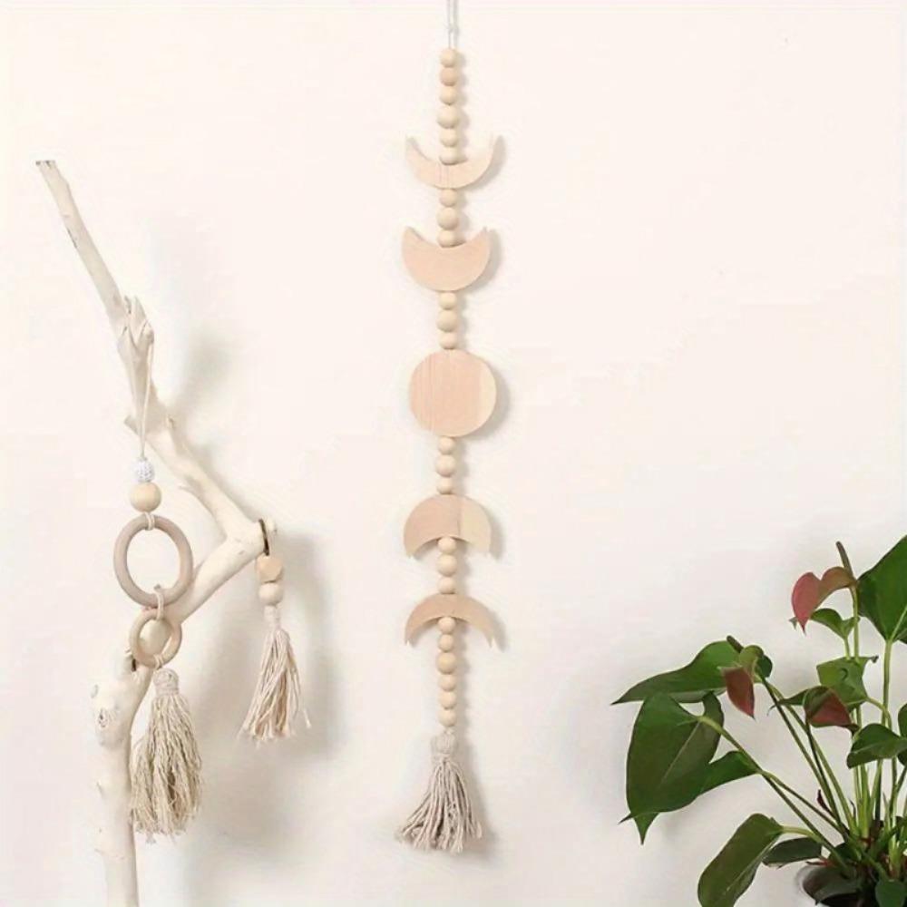 1PC Wood Star Moon Phase Wall Hanging Garland Boho Beaded Moon Garland with Tassel Home Wall Decor