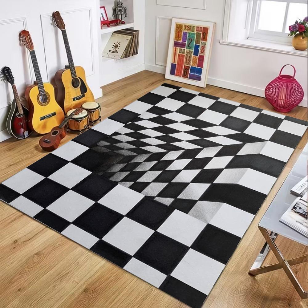

Optical Black White Checkerboard Carpet Creative Visual Effect Easy Clean Floor Mat for Living Room Game Room Home Decor 40x60cm