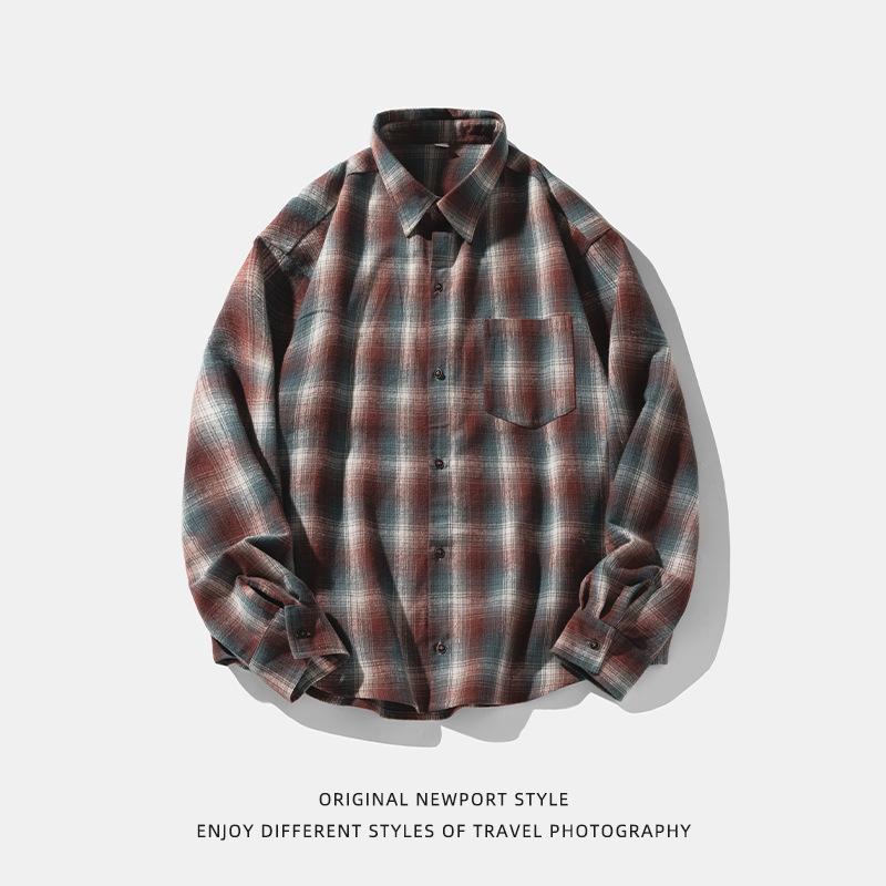Camicia a Quadri Vintage da Uomo Stile Americano Primavera Autunno Collo a Risvolto Manica Lunga Larga Top