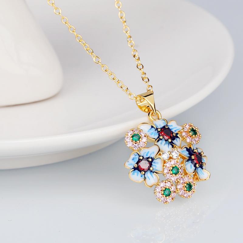 Elegant Little Blue Flower White Zircon Pendant Necklace For Women Party Wedding Engagement Jewelry Gift