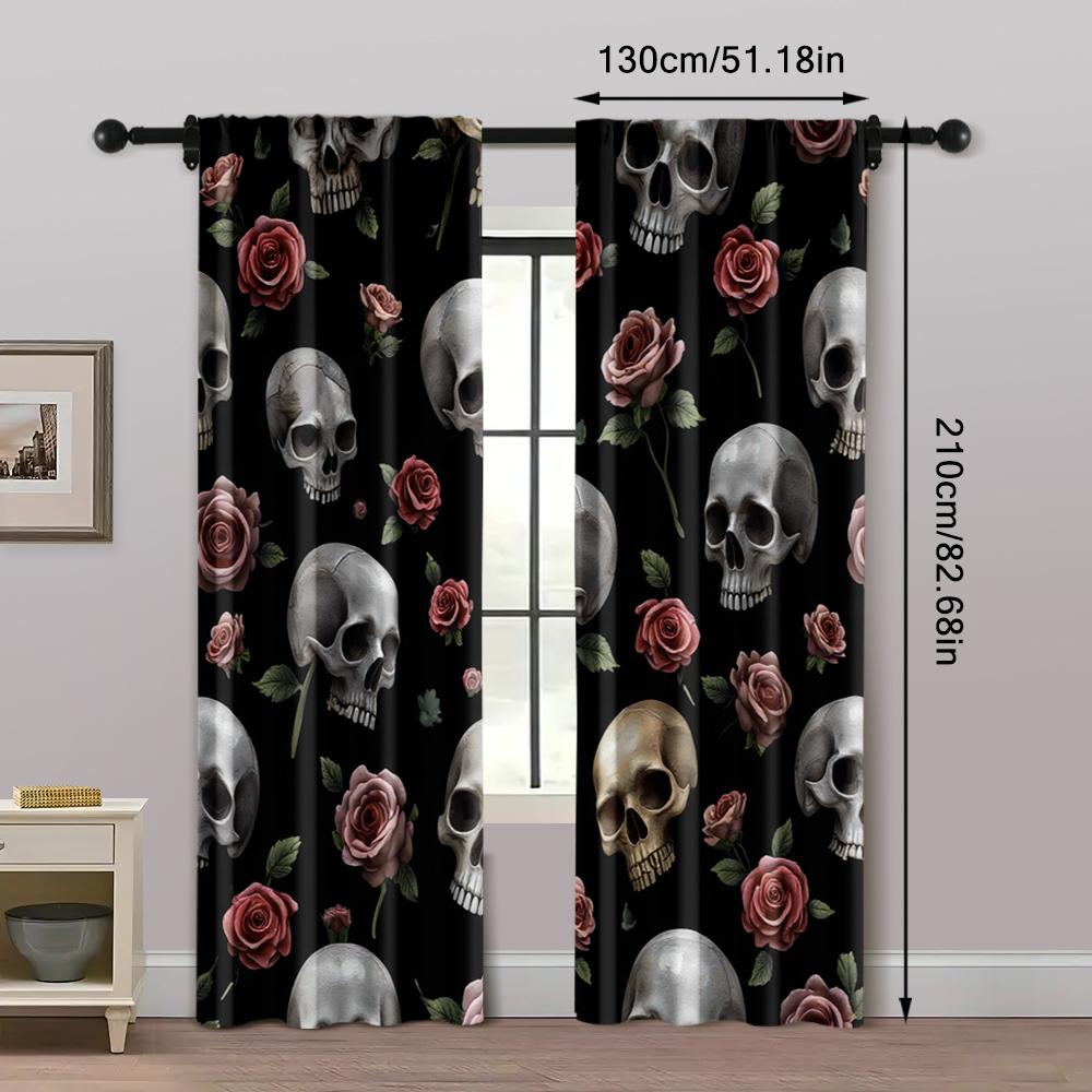 2pcs, Creative Curtains Grey Skull & Floral Peel Versatile 100% Polyester (without Rod) Stuff Clearance Ldeal for Bedroom,