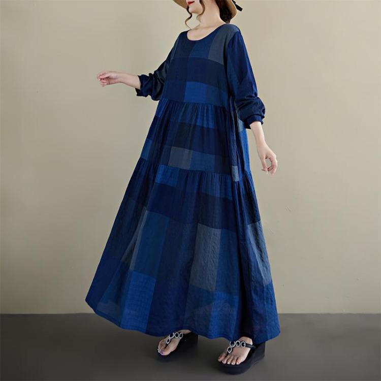 

Spring Women Plus Size Floral Print Vintage Long Dress Casual Loose Oversize Maxi Long Sleeve Basic One Size синий