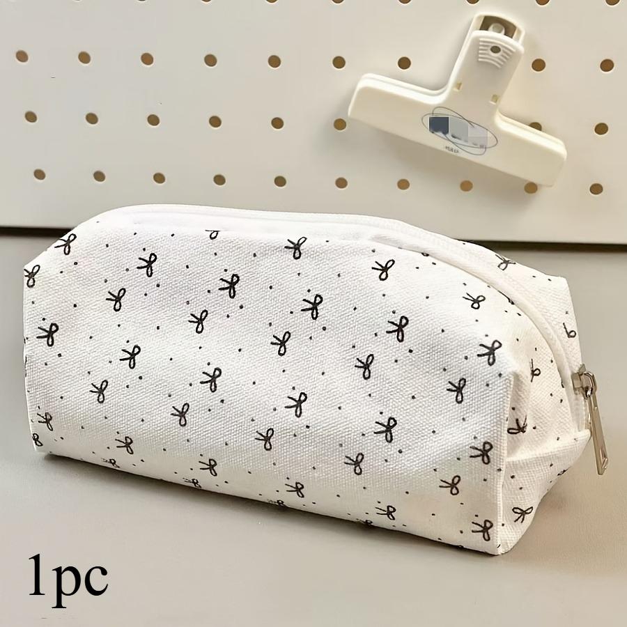 

1pc Large Capacity Cosmetic Stationery Organizer Pouch Zipper Closure Bow Design Portable Pouch for School Office Travel Storage