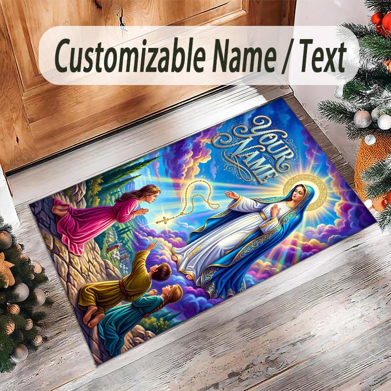 Virgin Mary Theme Crystal Velvet Rug Personalized Custom Name Text Soft Floor Mat Home Decor