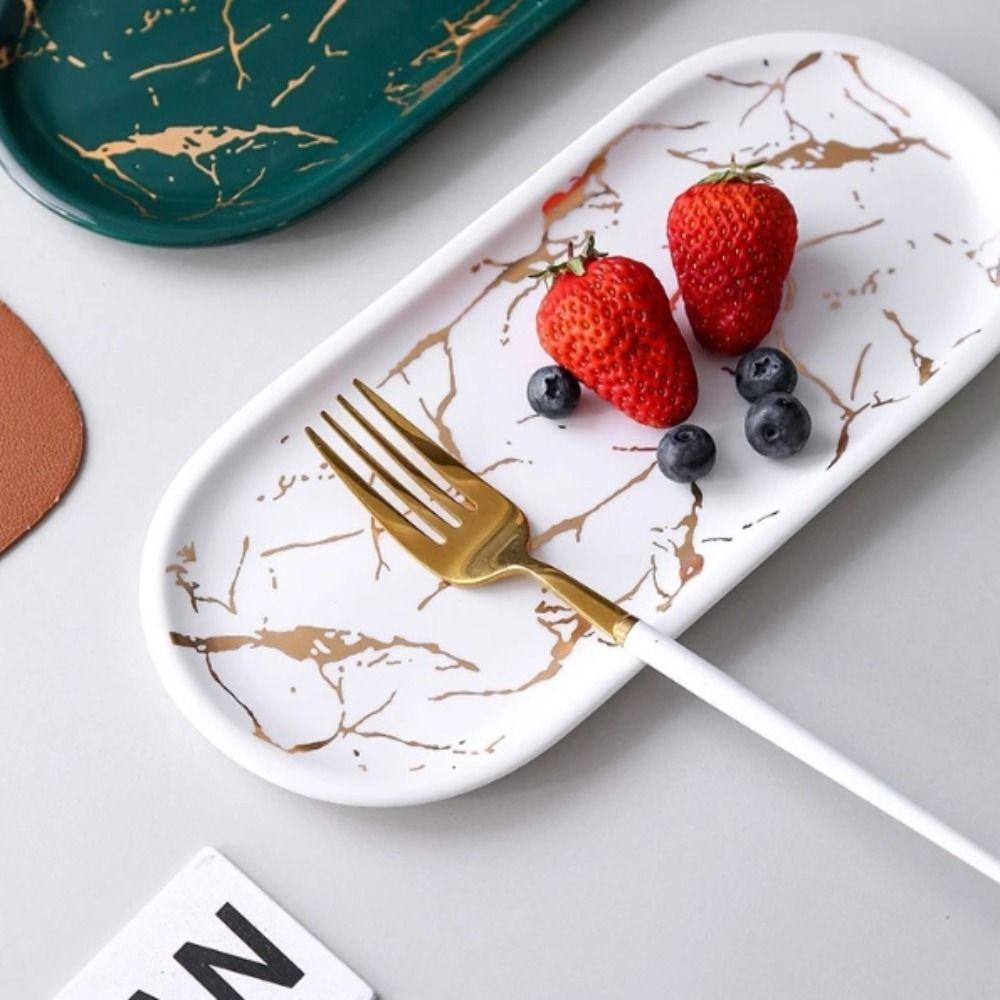 Marmor Textur Nordisches Marmor Tablett Porzellan Material Glasierte Goldenes Muster Westliches Gericht Ovale Form Luxus Design