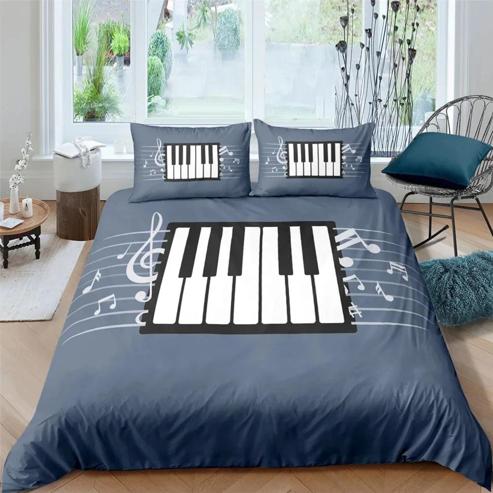Klaviertasten Königin König Bettbezug 3D Cartoon Musiknoten Bettwäsche Set für Jungen Jugendliche Erwachsene Mode Musik Polyester Bettdeckenbezug