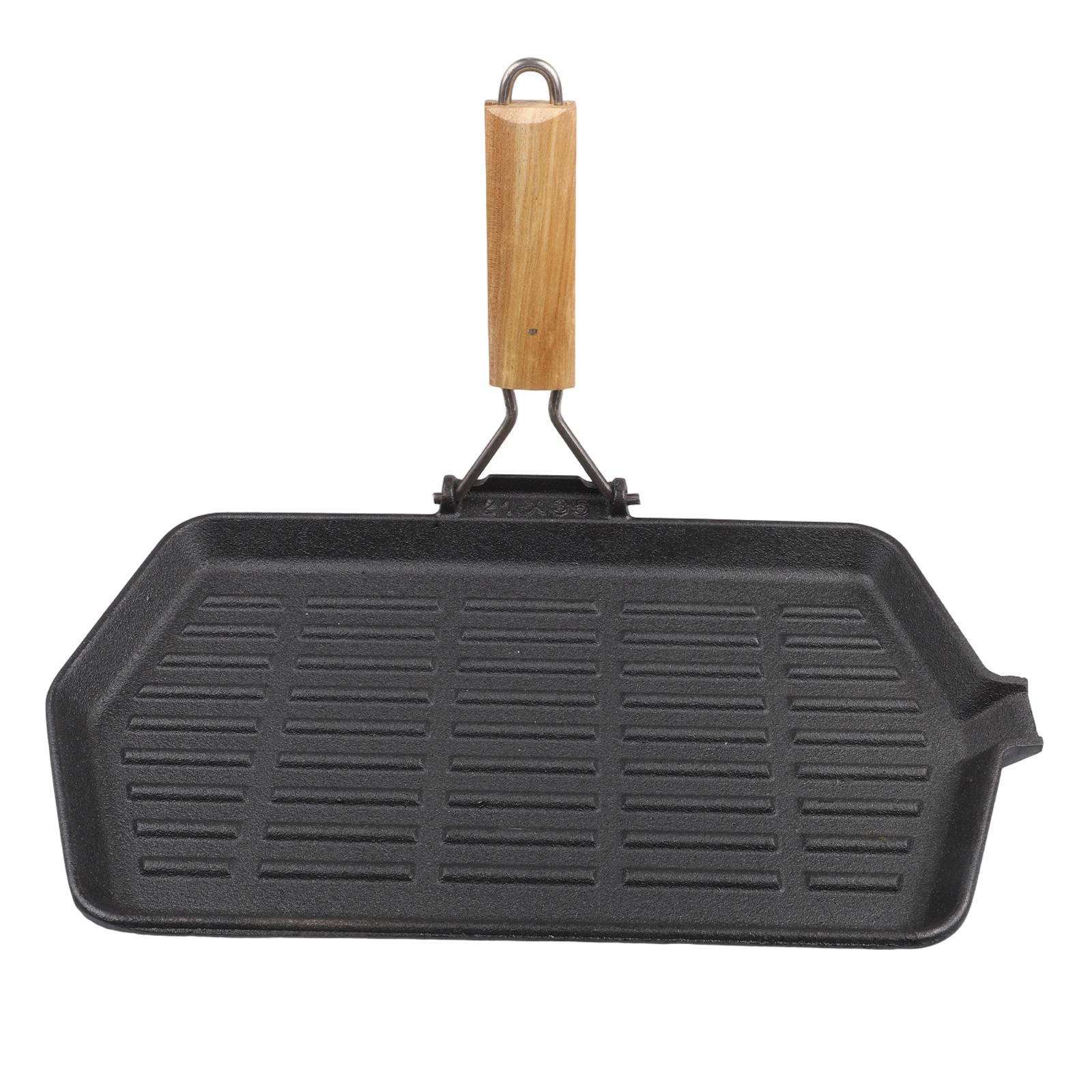 

1PC Iron Grill Non-Stick Cast Iron Frying Pan With Even Heat & Foldable Wooden Handle Square Skillet For Indoor&Outdoor Grilling
