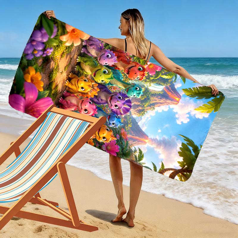 Dinosaurs Cartoon Print Beach Towel, Large Soft Quick Dry Towel for Beach Camping Swimming