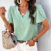 Ladies Summer Ruffles Short Sleeve V Neck Solid Color Jacquard Pullover T Shirt Top