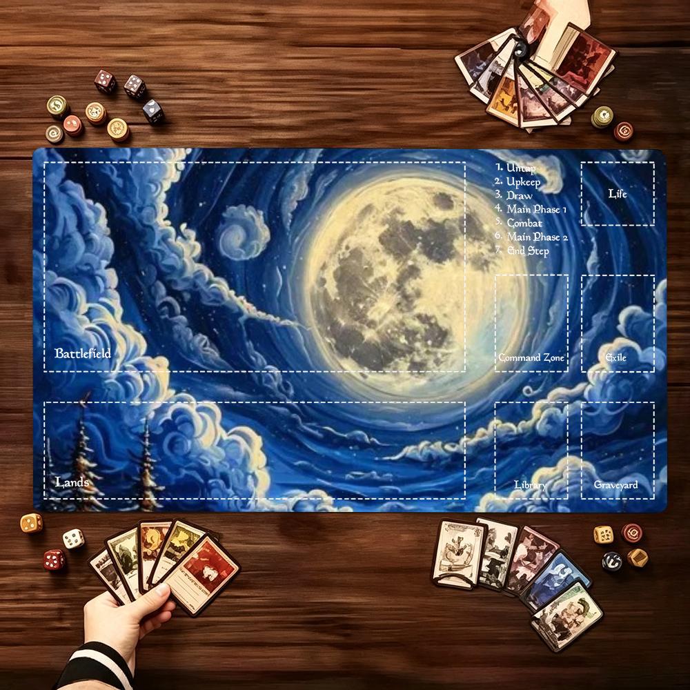 Moonlit Ocean Waves Pattern Game Playmat Non Slip Rubber Smooth Extended Table Mat For Trading Card Game Board Game Enthusiasts