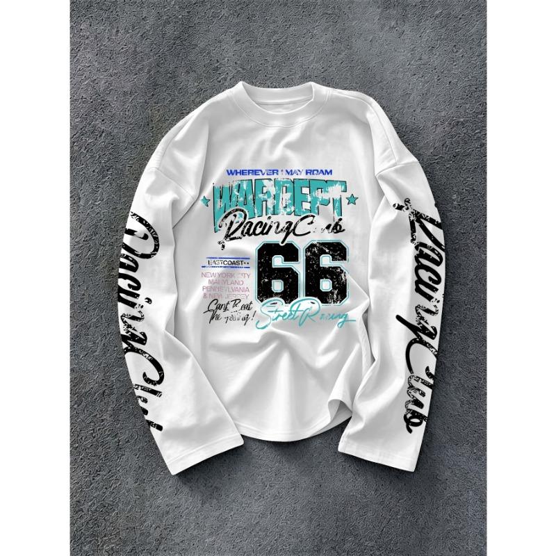 Men's Long Sleeve T-shirt Racing Style Vintage Letter Graphic Print Loose Retro Streetwear Casual Hip Hop Spring- Autumn Tops