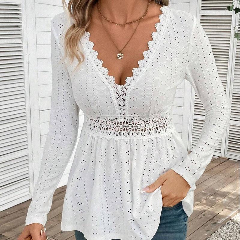 

Осень 2025 новая элегантная женская футболка топ с V-образным вырезом и кружевной отделкой с длинным рукавом женская A569 XXL белый