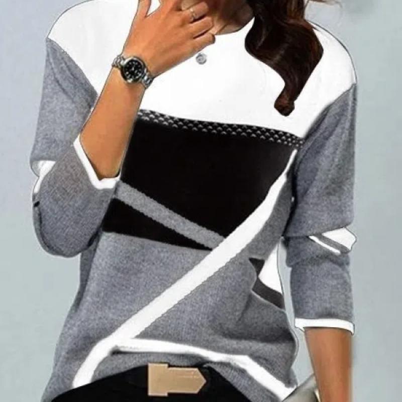 

Женские футболки топы с 3D геометрическим контрастным принтом, женские свободные элегантные футболки с длинными рукавами в стиле Харадзюку с круглым вырезом, женская осень-зима 4XL