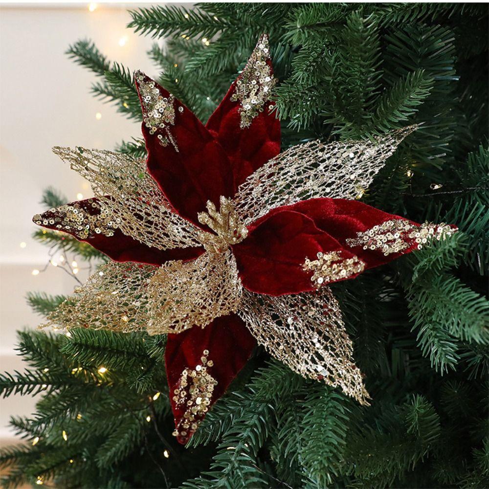 Flannel Fabric Christmas Artificial Flowers Plastic Glitter Poinsettia  Christmas Decor
