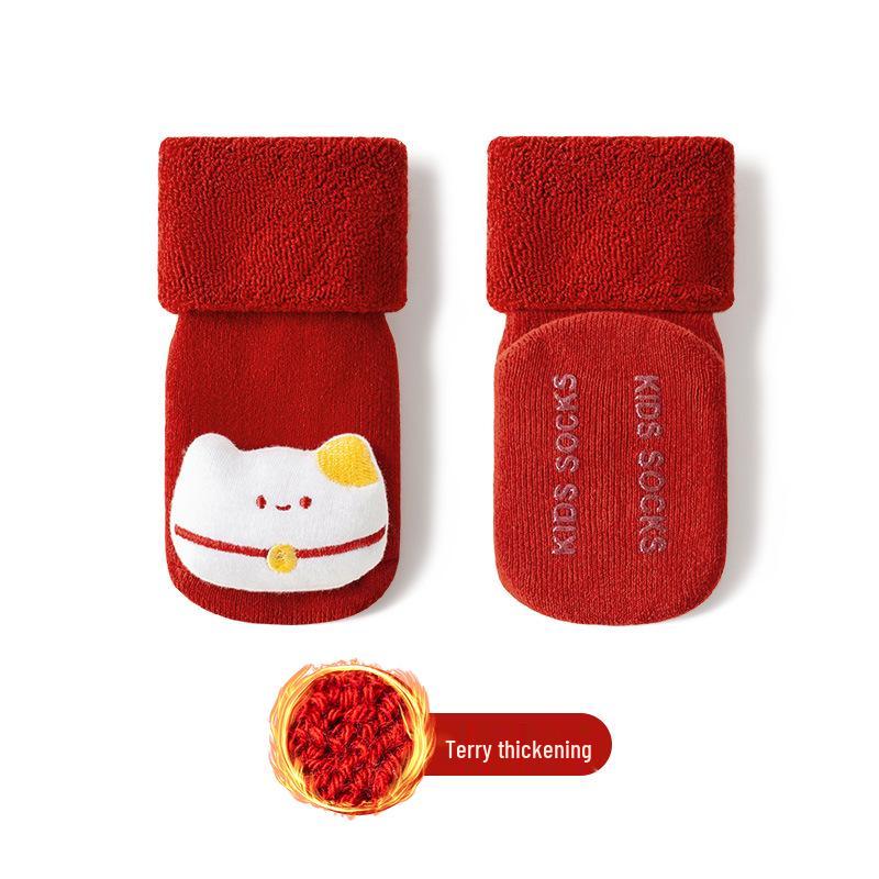 Newborn Non-Slip Red Cotton Socks: Thick & Cozy for Autumn/Winter, Ideal for 100-Day Birthday & New Year Celebrations
