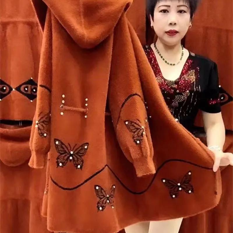 Manteau long en laine à capuche, épais et chaud, imitation vison, pour femme d'âge mûr et femme âgée, idéal pour l'automne/hiver.