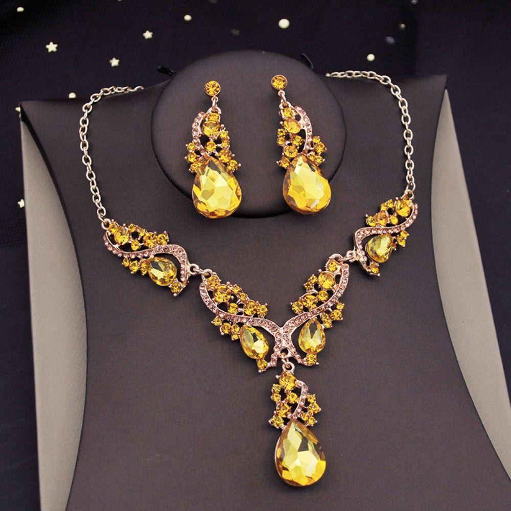 Exaggerated Rhinestone Jewelry Set Crystal Women's Necklace Water Drop Necklace Earrings Set Women