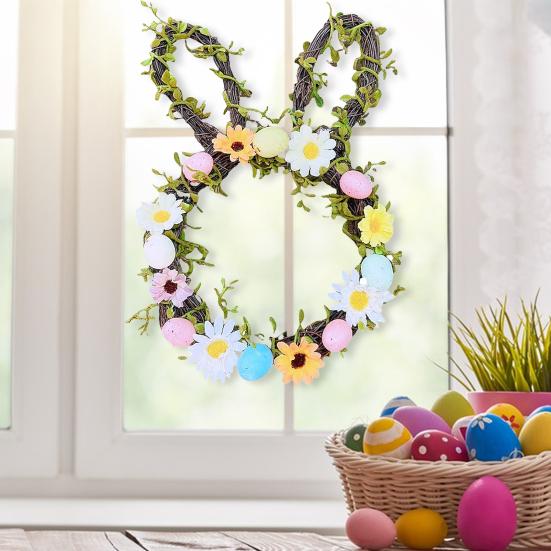 Osterhase Kranz Kleine Hasenform Rattan Kranz mit Pastell-Eiern Blumen für Haustür Innen Außen Frühling Haus Fenster Wand Dekoration