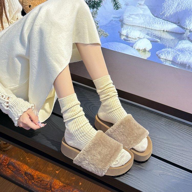 [Youshilai] Thick-soled Heightening Fluffy Slippers for Women's 2025 Autumn and Winter New Models with Simple Temperament and Versatile Slippers