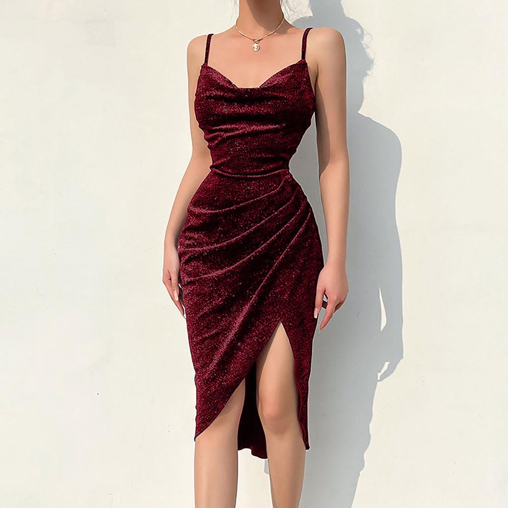 Women's Sleeveless Tank Sexy Strap Wrap Ruched Slit Party Cocktail Midi Dress