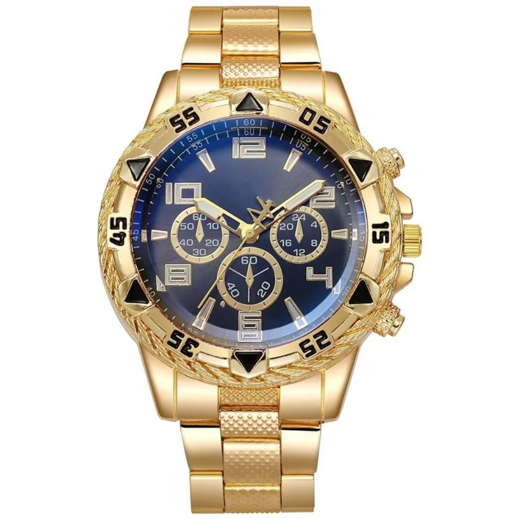 Men'S Watch Steel Belt Quartz Watch False Three-Eye Blue Light Large Dial Business Fashion Men'S Watch