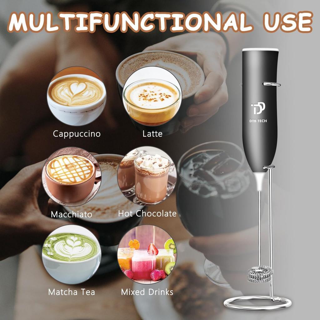 Rechargeable Milk Frother,Milk Frother Handheld,Coffee Mixer with Stand,Detachable StainlessSteel Whisk,forLattes,Cappuccino,Matcha,Etc. (Black)