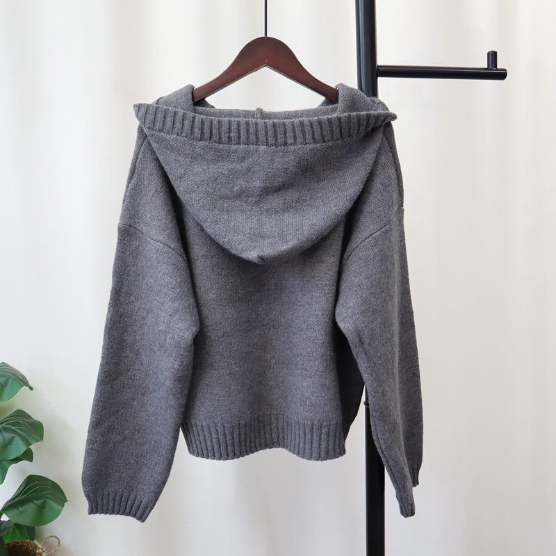 Thickened Hooded Knitted Sweater Top Autumn and Winter New Simple Style Solid Color Loose and Thin Sweater Pullover Woman