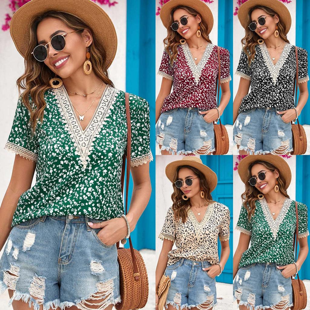 Blouses & Shirts - Summer Women's Floral Lace Splice Shirt, European & American Style Casual Blouse Top Women