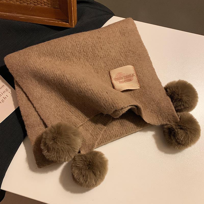 Red Hairball Knitted Scarf Women's Autumn and Winter Atmosphere Cute Thickened Warm Christmas Scarf