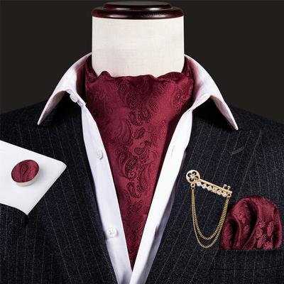 Mens Ascot Tie Brooch Pin Paisley 8 Styles Jacquard Woven Cravat Hanky Cufflinks Set