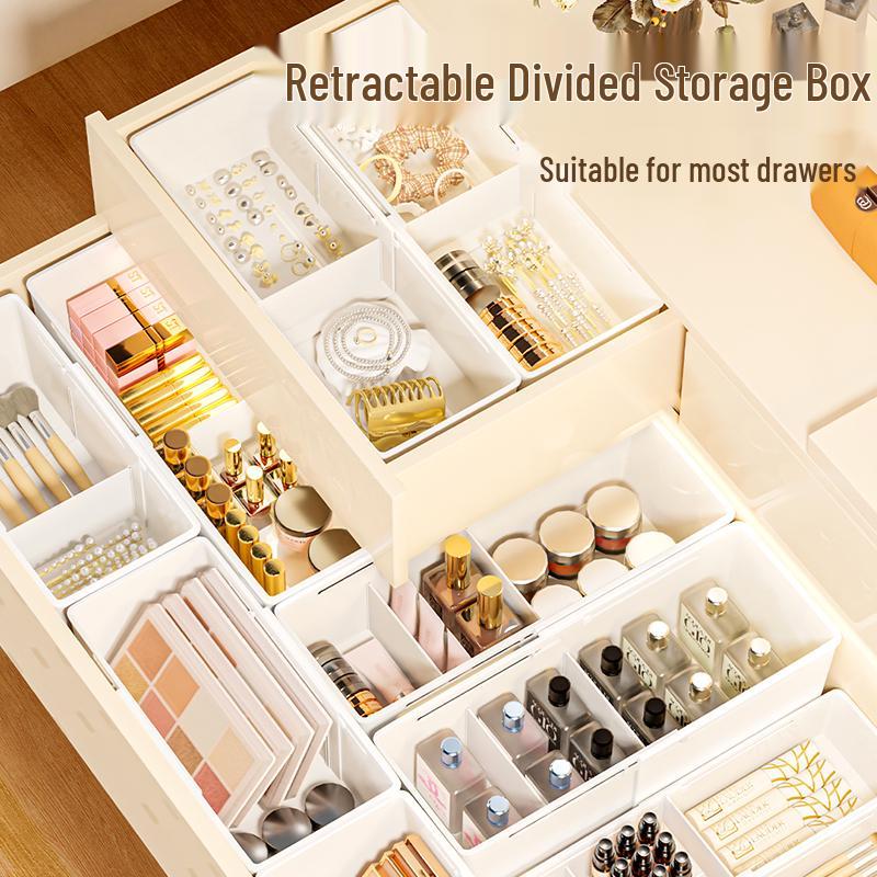 Extendable Drawer Organizer with Built-in Lipstick Holder for Cosmetic Vanity