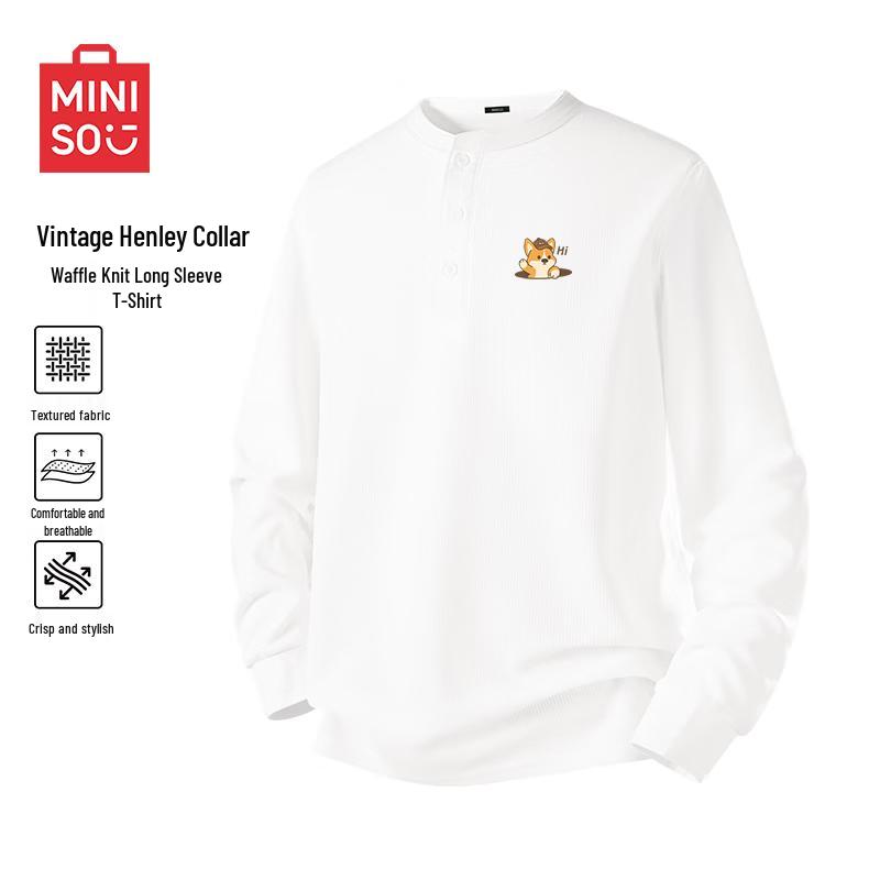 MINISO Men s Waffle Knit Long Sleeve Henley T-Shirt XL