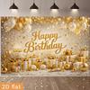 2D Gold Glitter Happy Birthday Party Backdrop White Gold Balloon Cake Photo Booth Banner